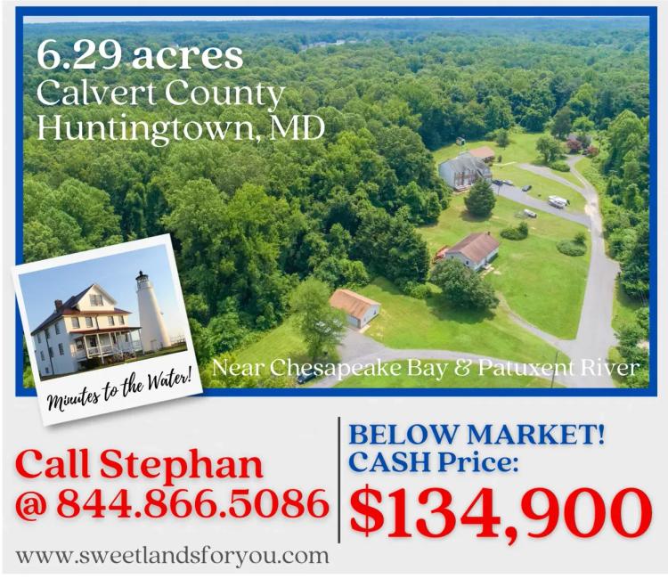 6.29 Acres No HOA! Super PRIVATE & CONVENIENT! Near the Chesapeake & Joint Base Andrews 55 min to DC!